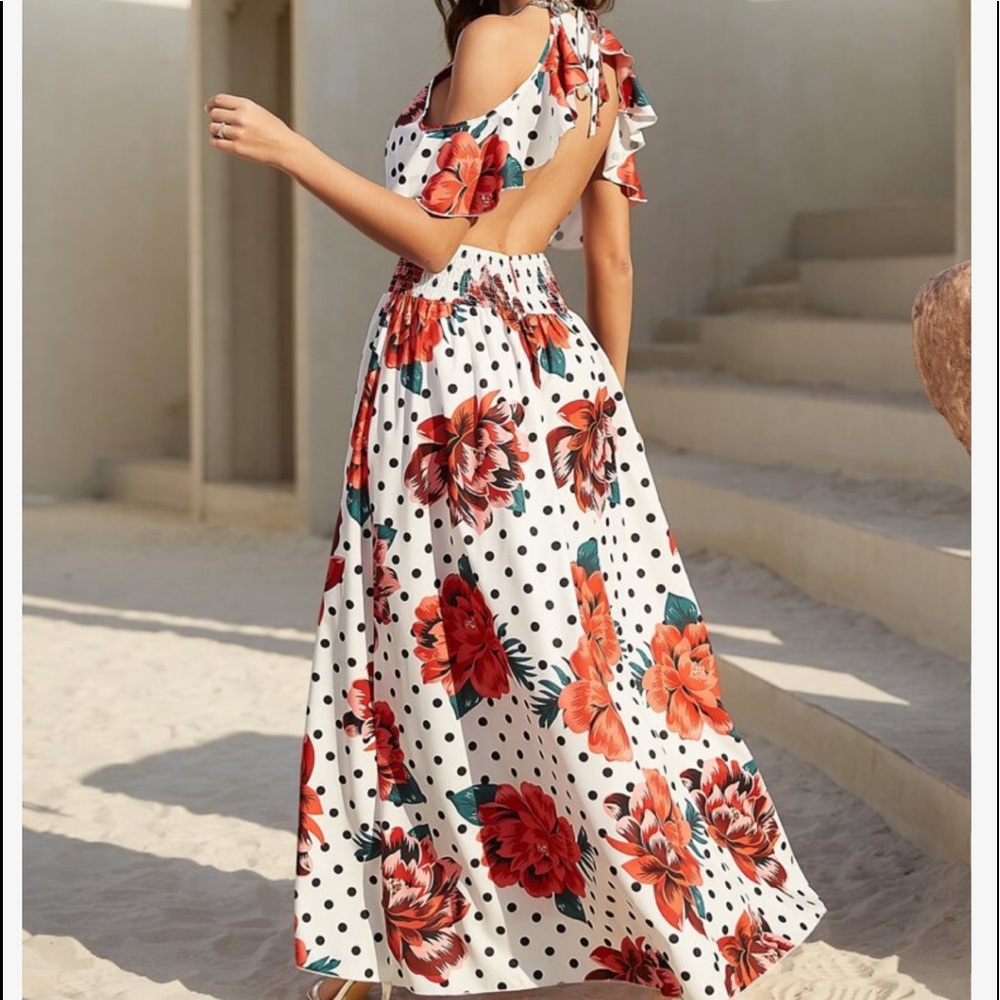 Polka Dot Floral Print Cold Shoulder Shirred Backless Cottagecore Maxi Dress - Picture 10 of 11